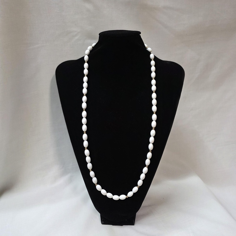 Vtg Monet White Bead Necklace Gold Tone Spacer Beads Long Strand Costume Jewelry